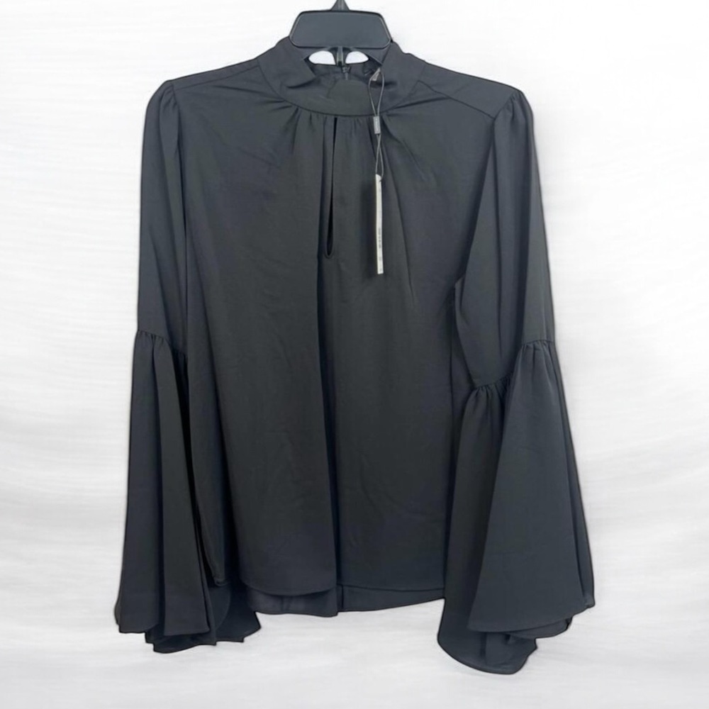 T Tahari Blouse Womens Size S Black Mock Neck Keyhole Large Bell Sleeve Chic